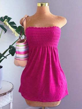 💖 Y2K Juicy Couture Pink Velour Smocked Tube Mini Dress Small